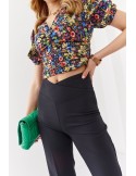 Women\'s short blouse with a floral print, black and coral 02047 - Online store - Boutique